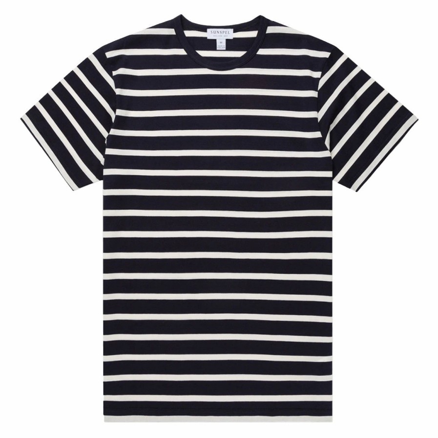 Hot * Sunspel Classic T-Shirt Navy / Ecru Breton Stripe