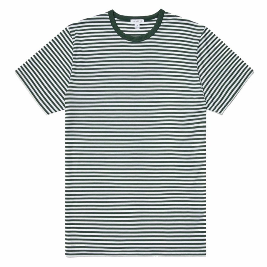 Online * Sunspel Classic Crew Neck English Stripe T-Shirt Deep Green / White