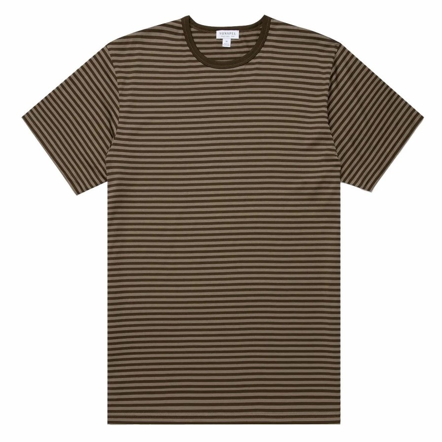 Best * Sunspel Classic Crew English Stripe T-Shirt Caper / Dark Moss