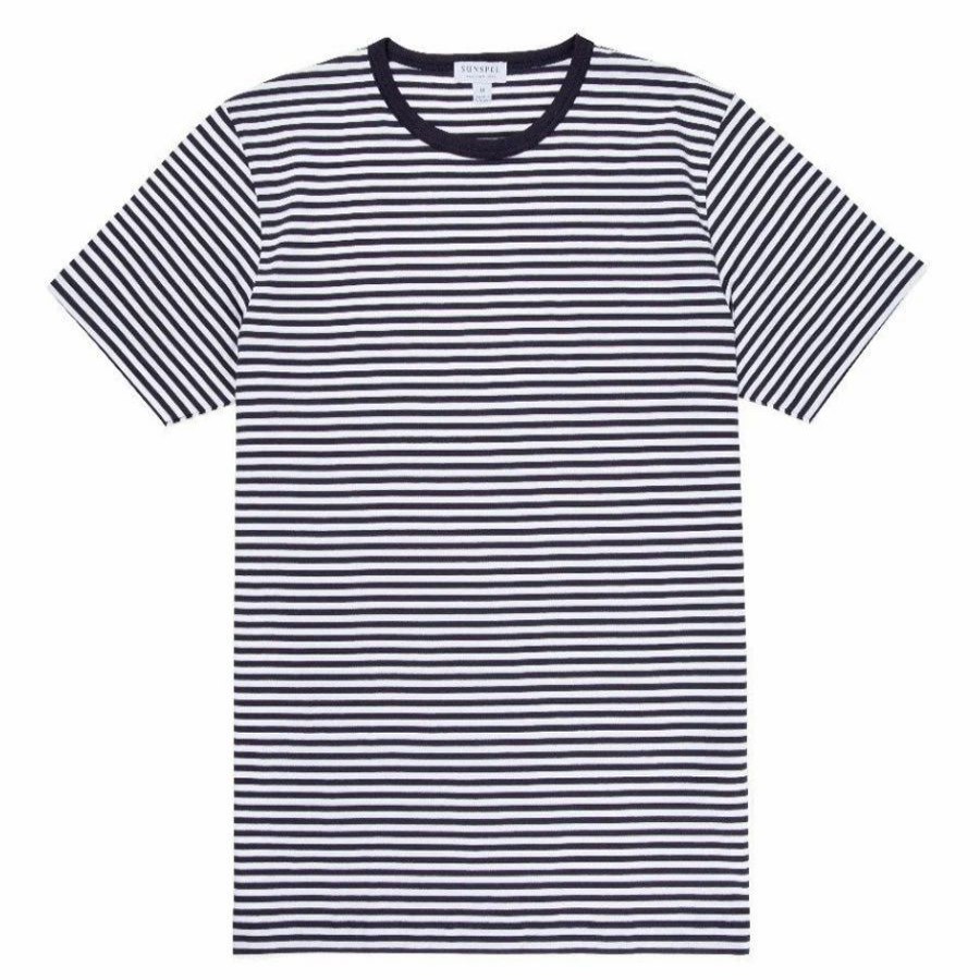 Best * Sunspel Classic Crew Neck Striped T-Shirt White / Navy