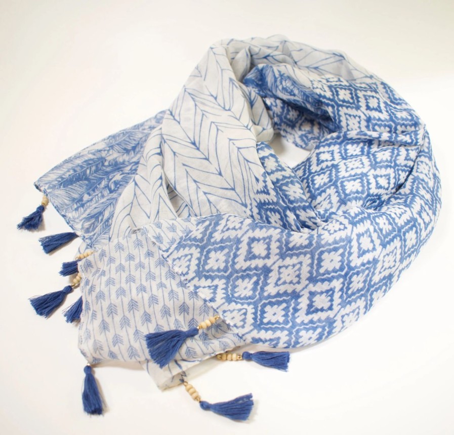 Wholesale * The Roaming Horse Mixed-Pattern Blue And White Scarf