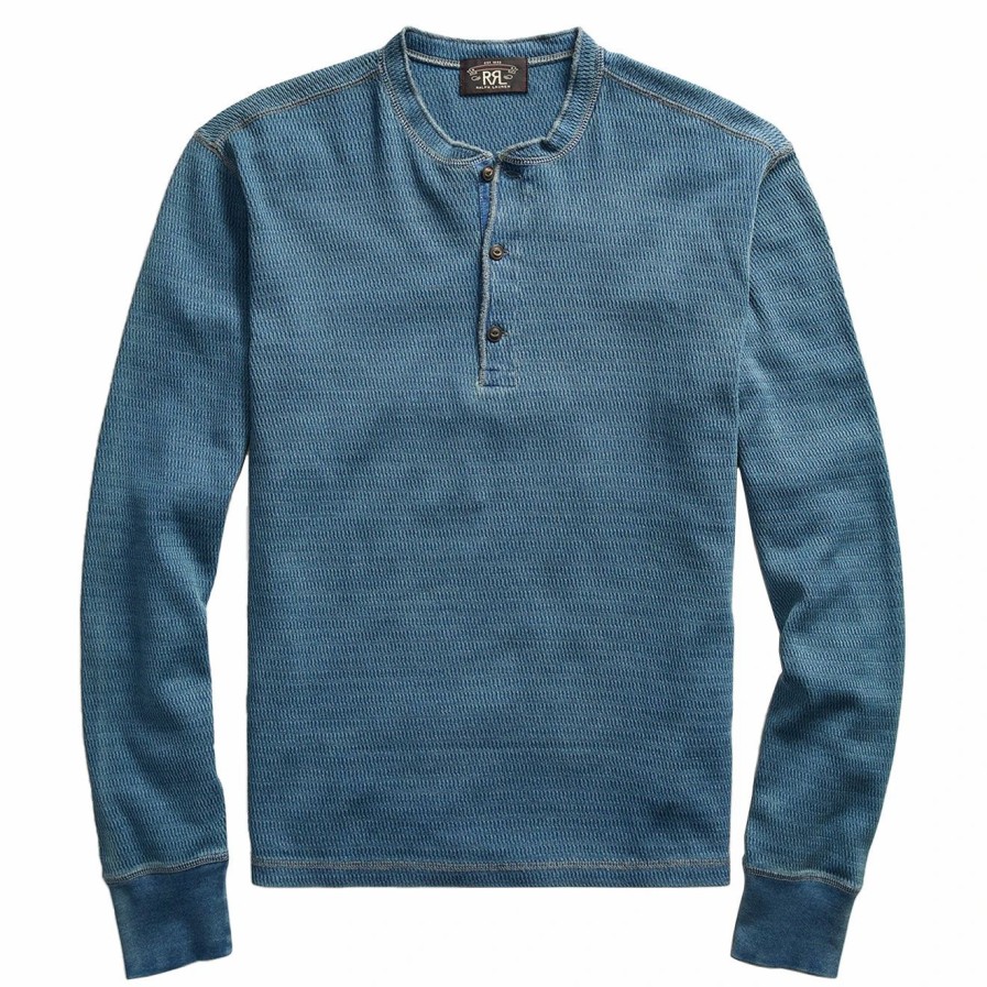 Best * Rrl By Ralph Lauren Waffle Knitted Cotton Henley Washed Blue Indigo