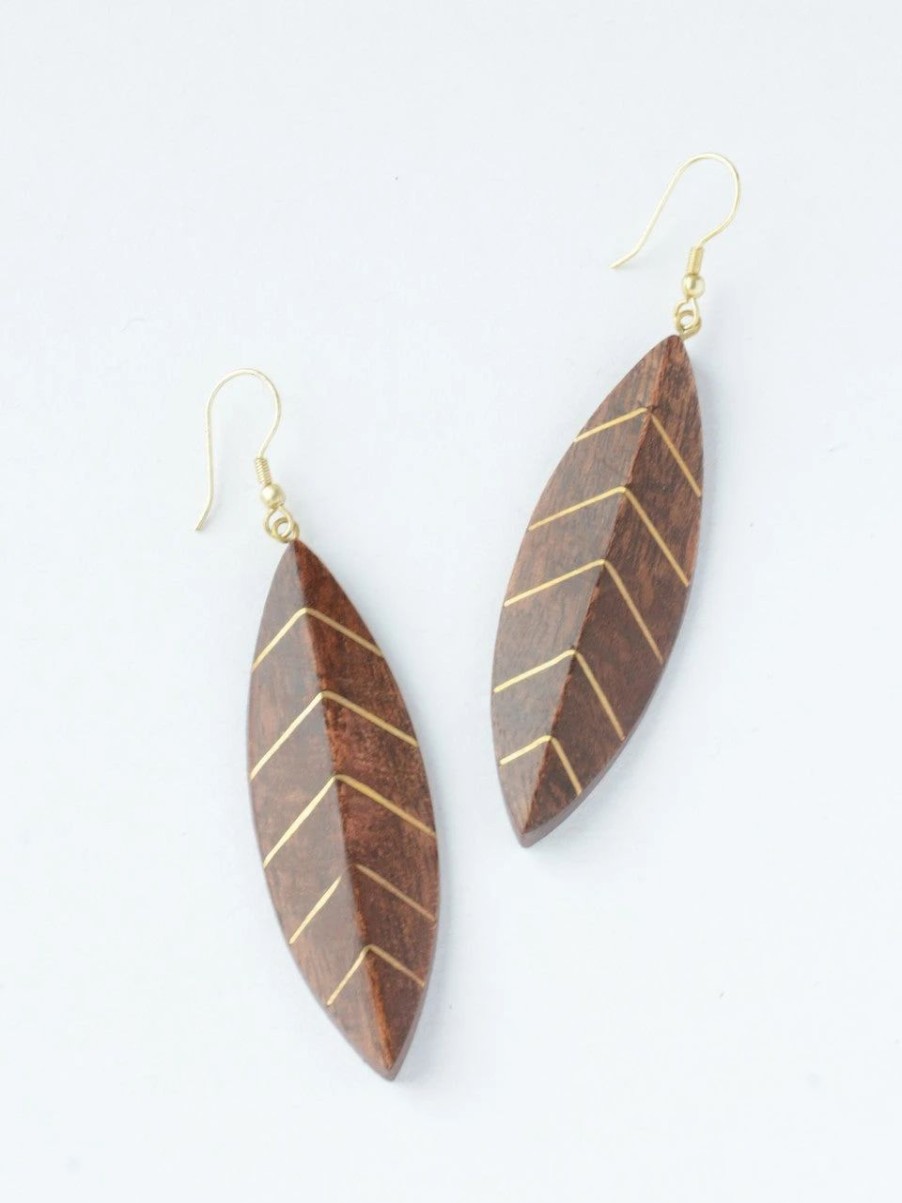 Best * Fair Anita Wood And Brass Leaf Earrings