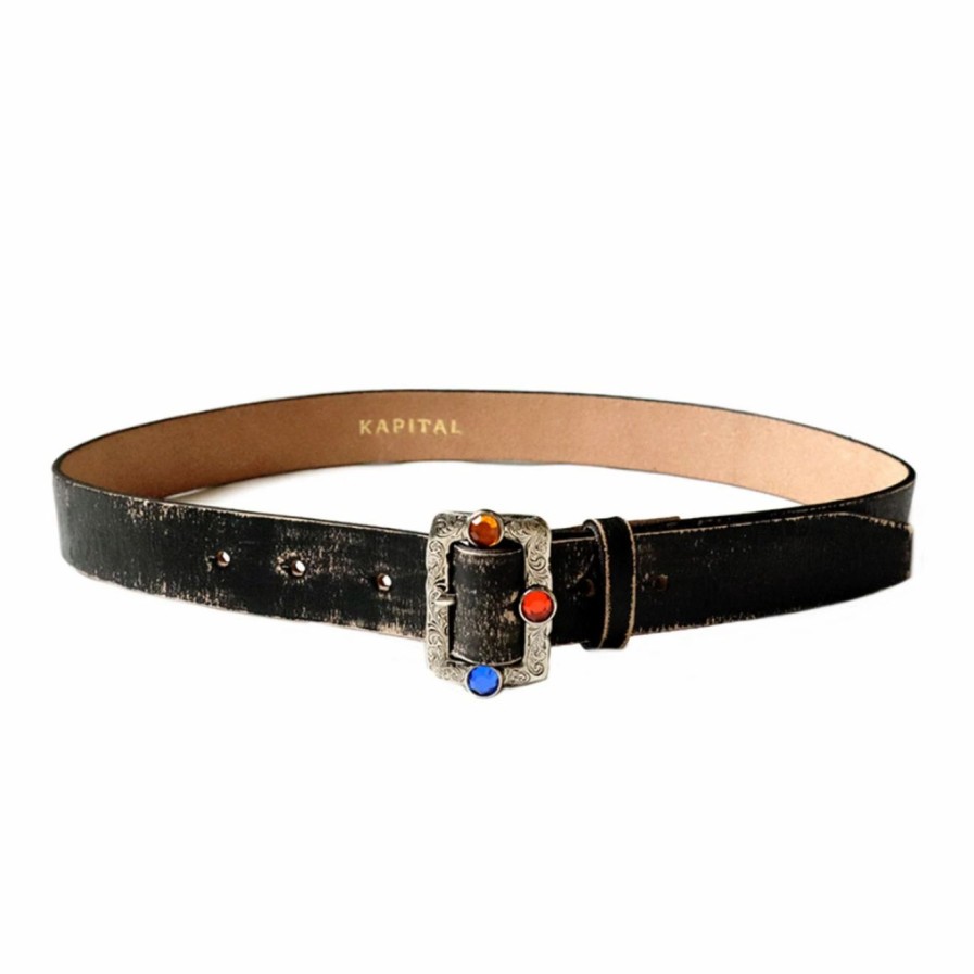 Clearance * Kapital Oil Leather Studs Disco Buckle Belt Black