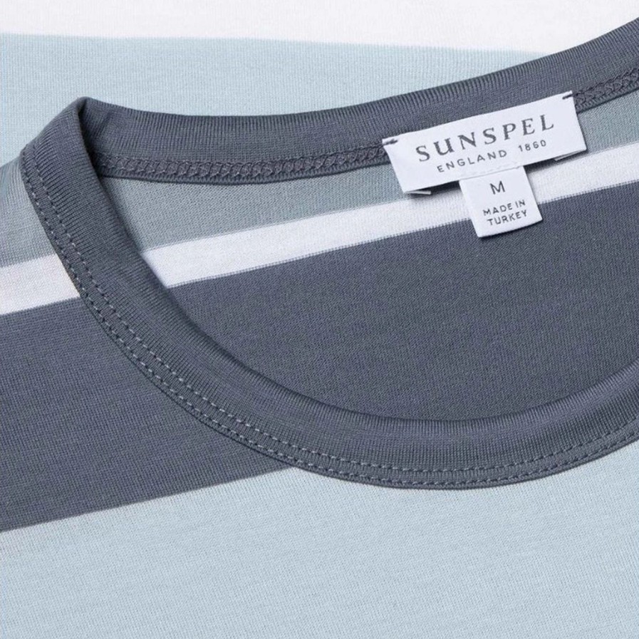 Hot * Sunspel Colour Block Crew Neck T-Shirt Blue Slate/Blue Steel/Ice