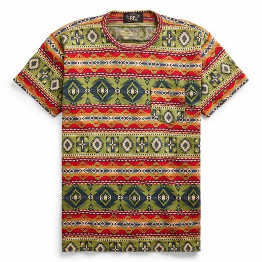 New * Rrl By Ralph Lauren Pocket Crew Pattern T-Shirt Blue / Red Multi