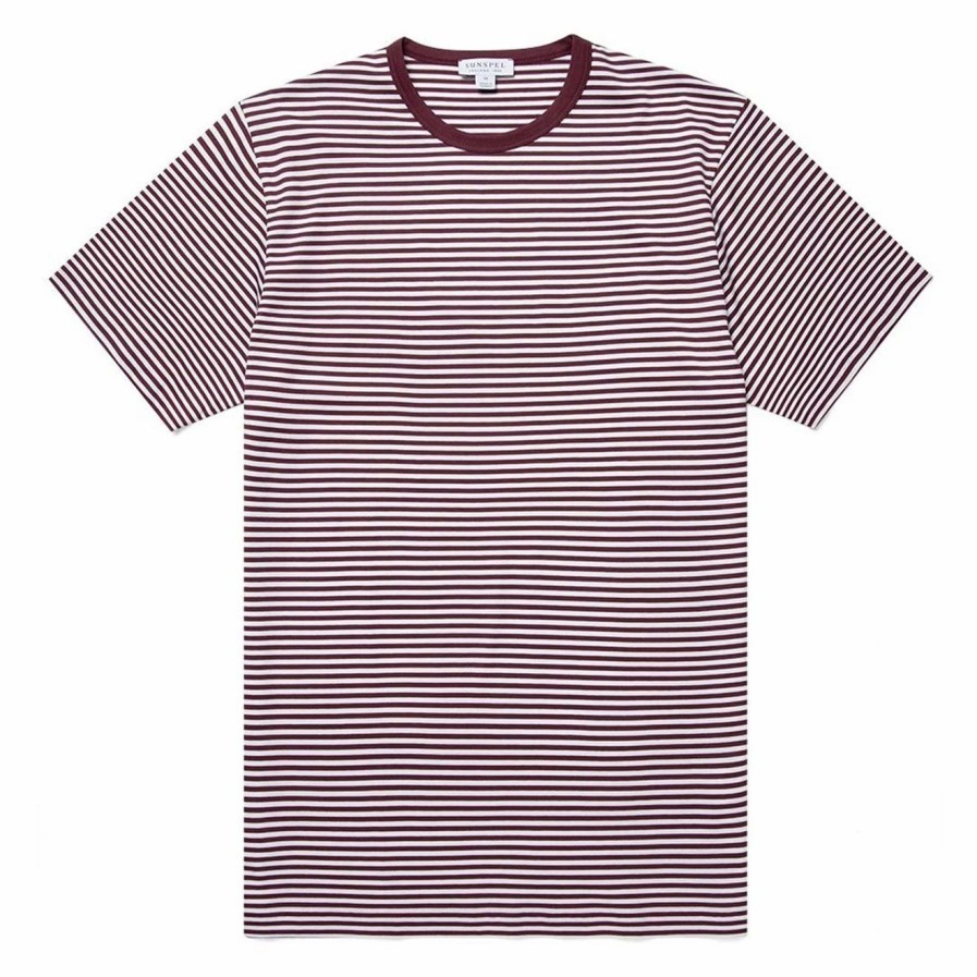 Hot * Sunspel Classic Crew T-Shirt White / Maroon English Stripe