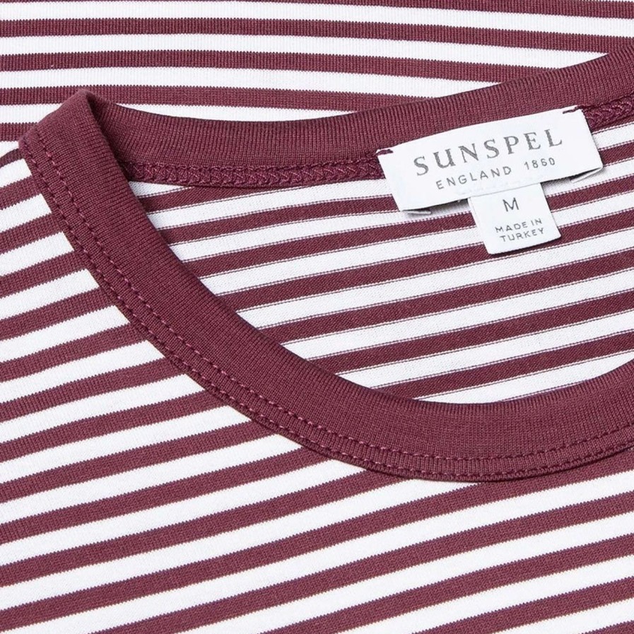 Hot * Sunspel Classic Crew T-Shirt White / Maroon English Stripe