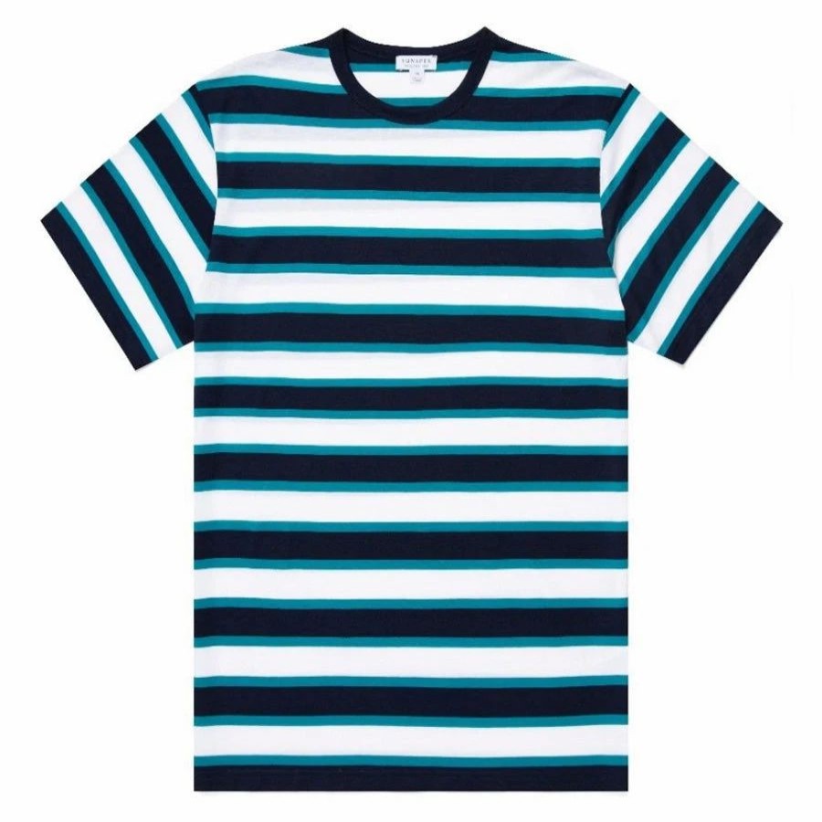 Wholesale * Sunspel Classic Crew Neck T-Shirt Summer Stripe Navy / Bright Petrol / White